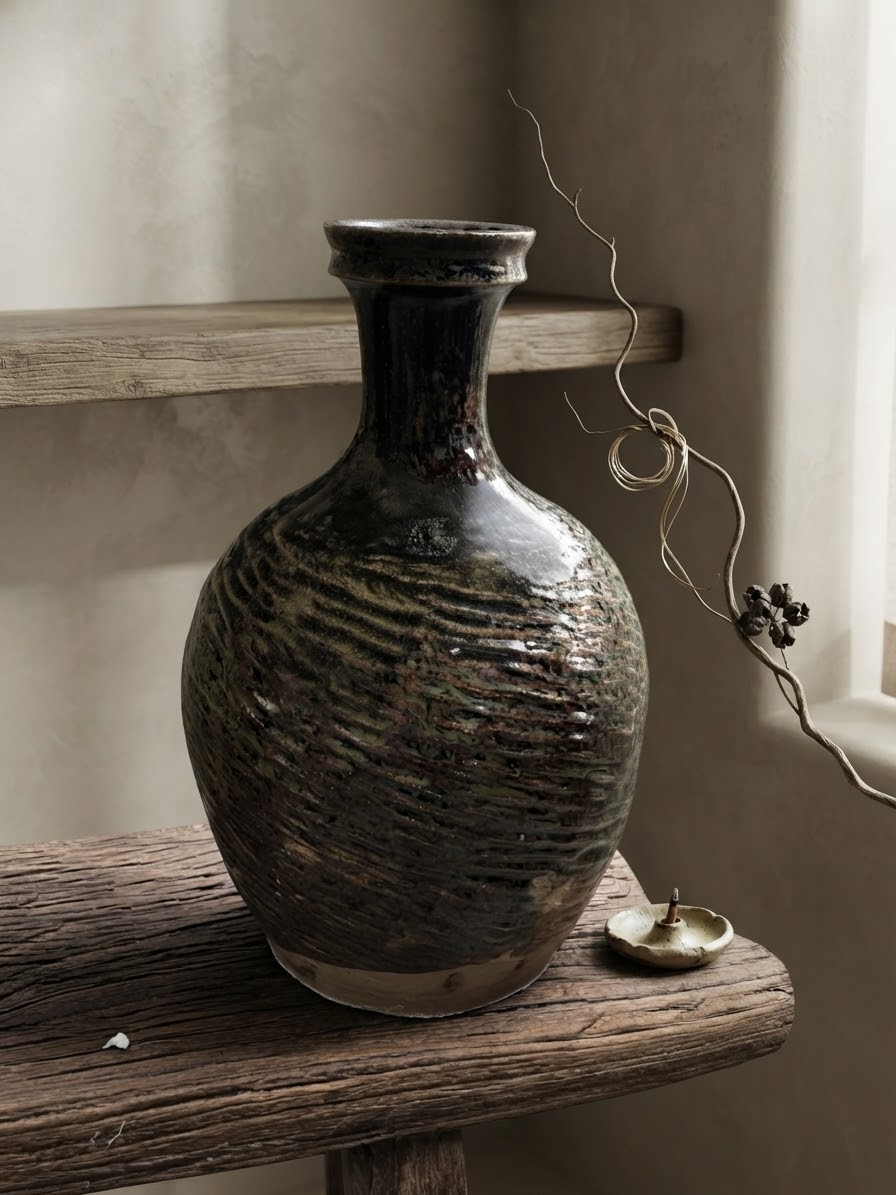Handcrafted Vintage Chinese Primitive Pottery Jar, Wabi-Sabi Terracotta Vase with Textured Waves, One-of-a-Kind Rustic Home Decor, Asian Antique Art Piece