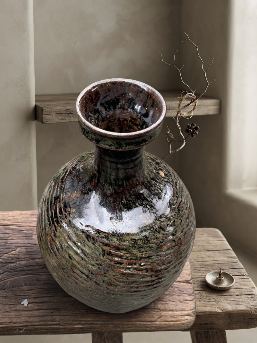 Handcrafted Vintage Chinese Primitive Pottery Jar, Wabi-Sabi Terracotta Vase with Textured Waves, One-of-a-Kind Rustic Home Decor, Asian Antique Art Piece