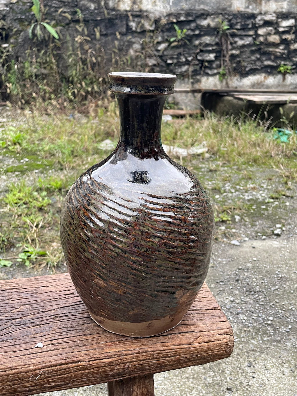 Handcrafted Vintage Chinese Primitive Pottery Jar, Wabi-Sabi Terracotta Vase with Textured Waves, One-of-a-Kind Rustic Home Decor, Asian Antique Art Piece