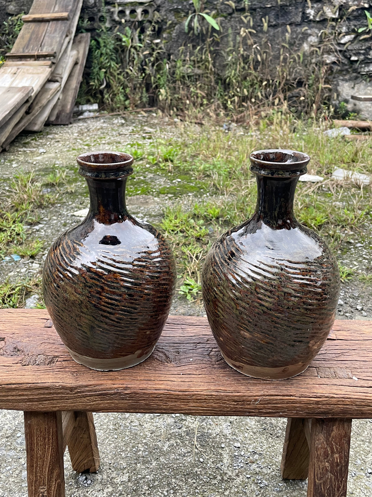 Handcrafted Vintage Chinese Primitive Pottery Jar, Wabi-Sabi Terracotta Vase with Textured Waves, One-of-a-Kind Rustic Home Decor, Asian Antique Art Piece