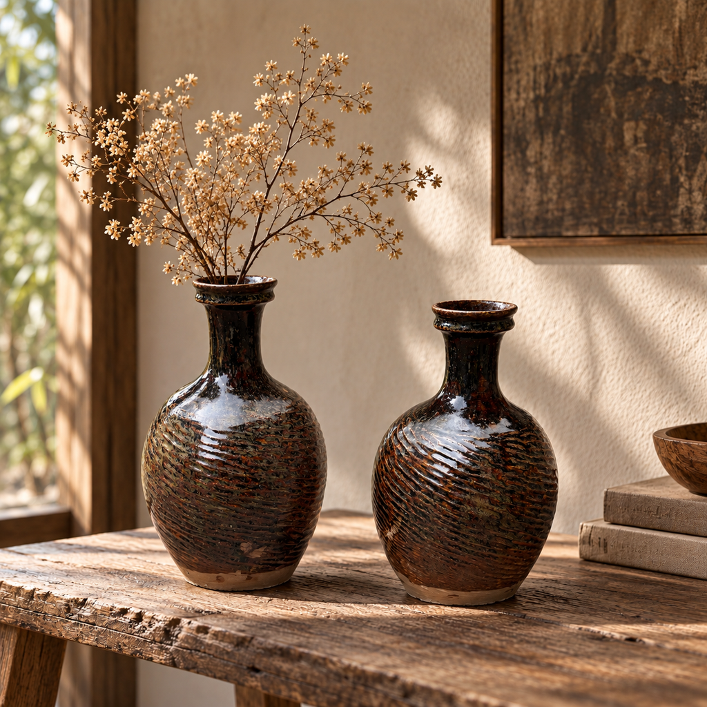 Handcrafted Vintage Chinese Primitive Pottery Jar, Wabi-Sabi Terracotta Vase with Textured Waves, One-of-a-Kind Rustic Home Decor, Asian Antique Art Piece