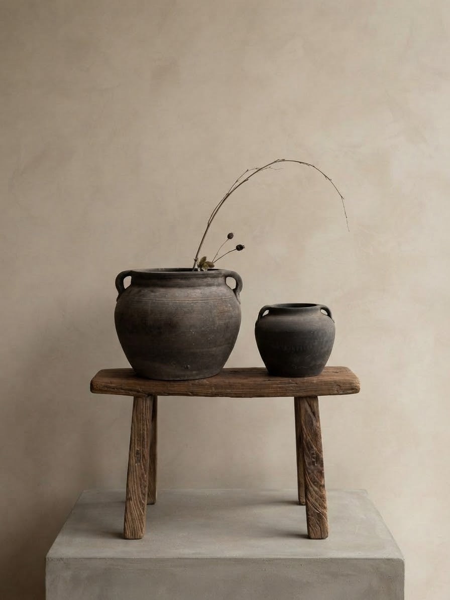 Rustic Chinese Two-Handle Pottery Jars | Wabi-Sabi Decor