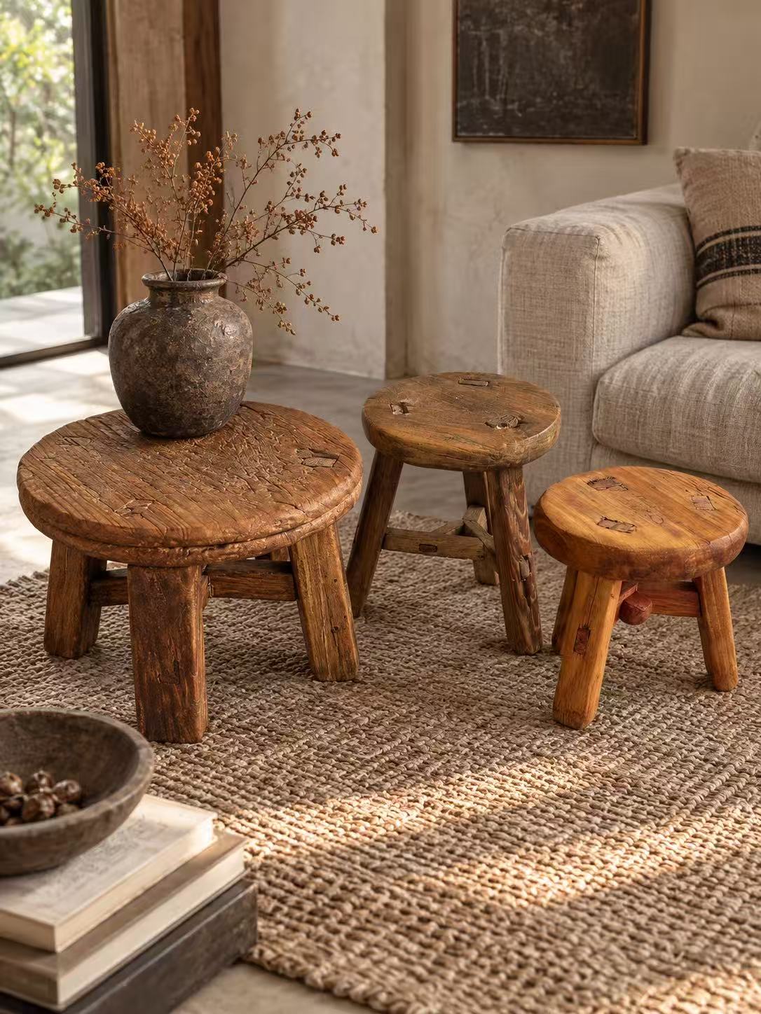 Antique Chinese Elm Low Stool | Wabi-Sabi Rustic Wooden Stool & Display Stand