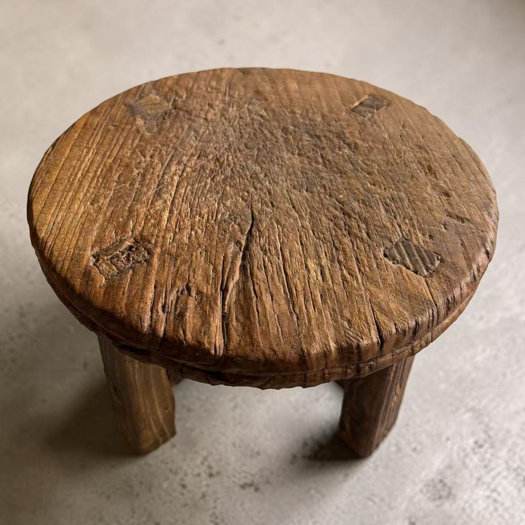 Antique Chinese Elm Low Stool | Wabi-Sabi Rustic Wooden Stool & Display Stand
