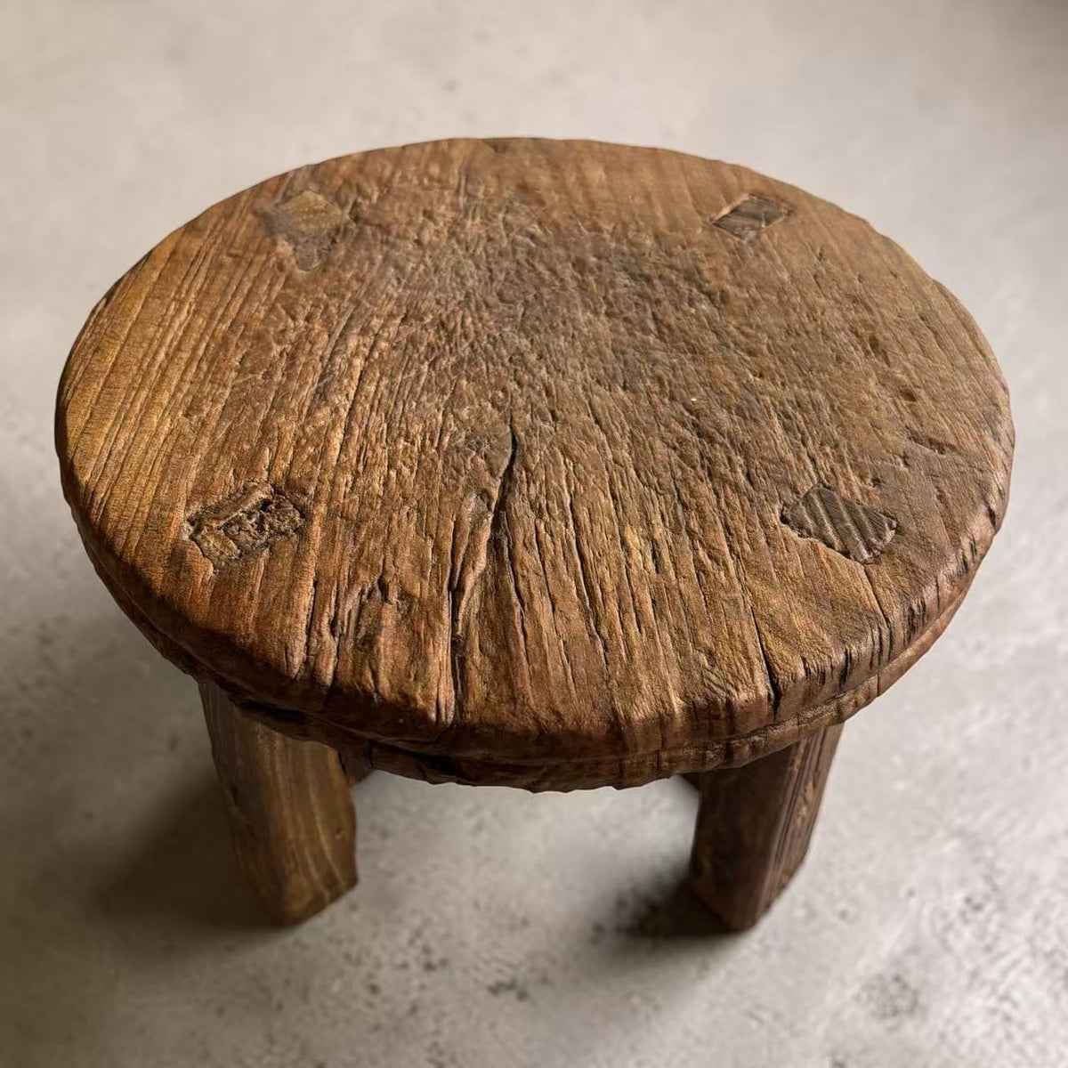 Antique Chinese Elm Low Stool | Wabi-Sabi Rustic Wooden Stool & Display Stand
