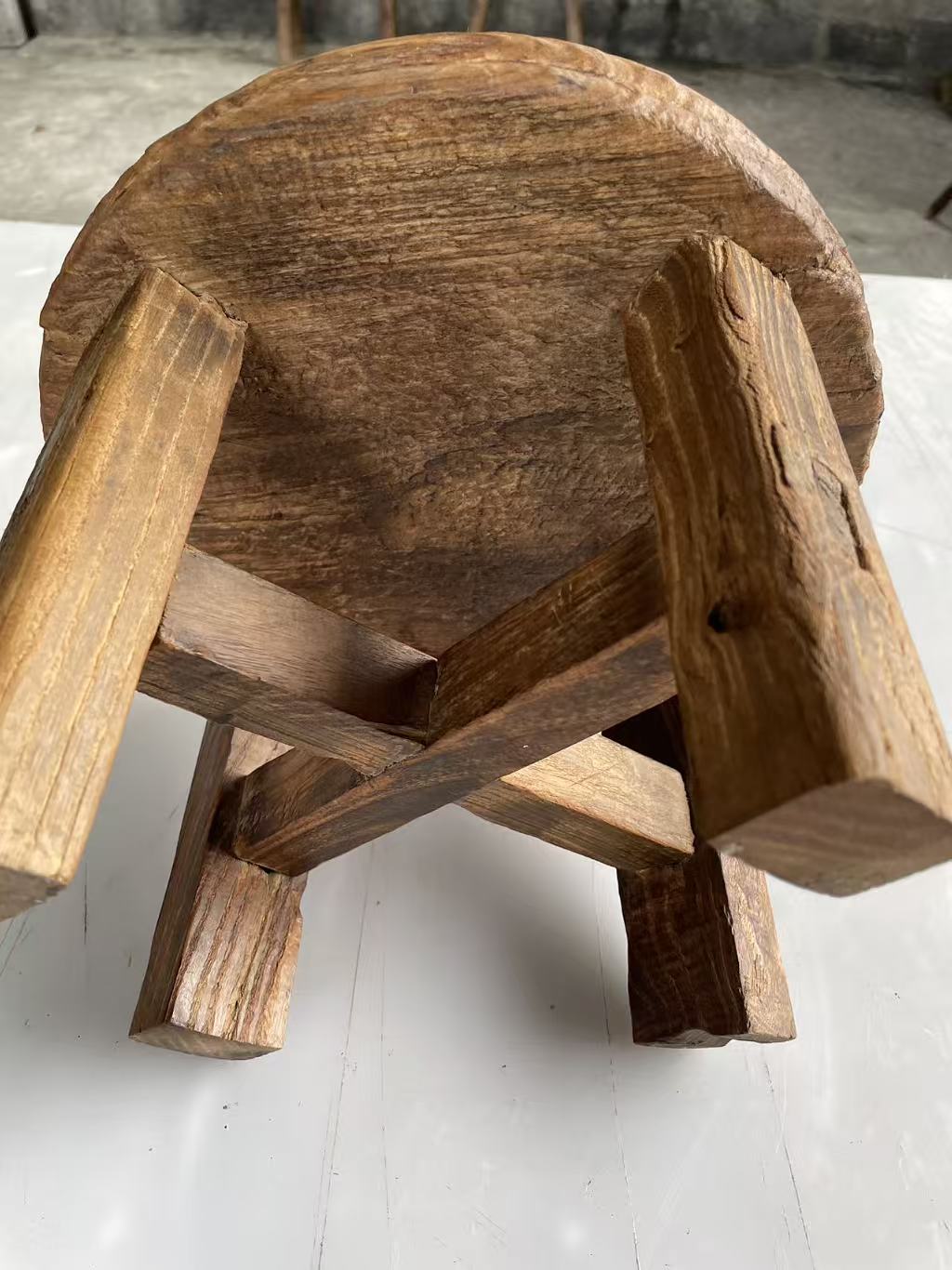 Antique Chinese Elm Low Stool | Wabi-Sabi Rustic Wooden Stool & Display Stand
