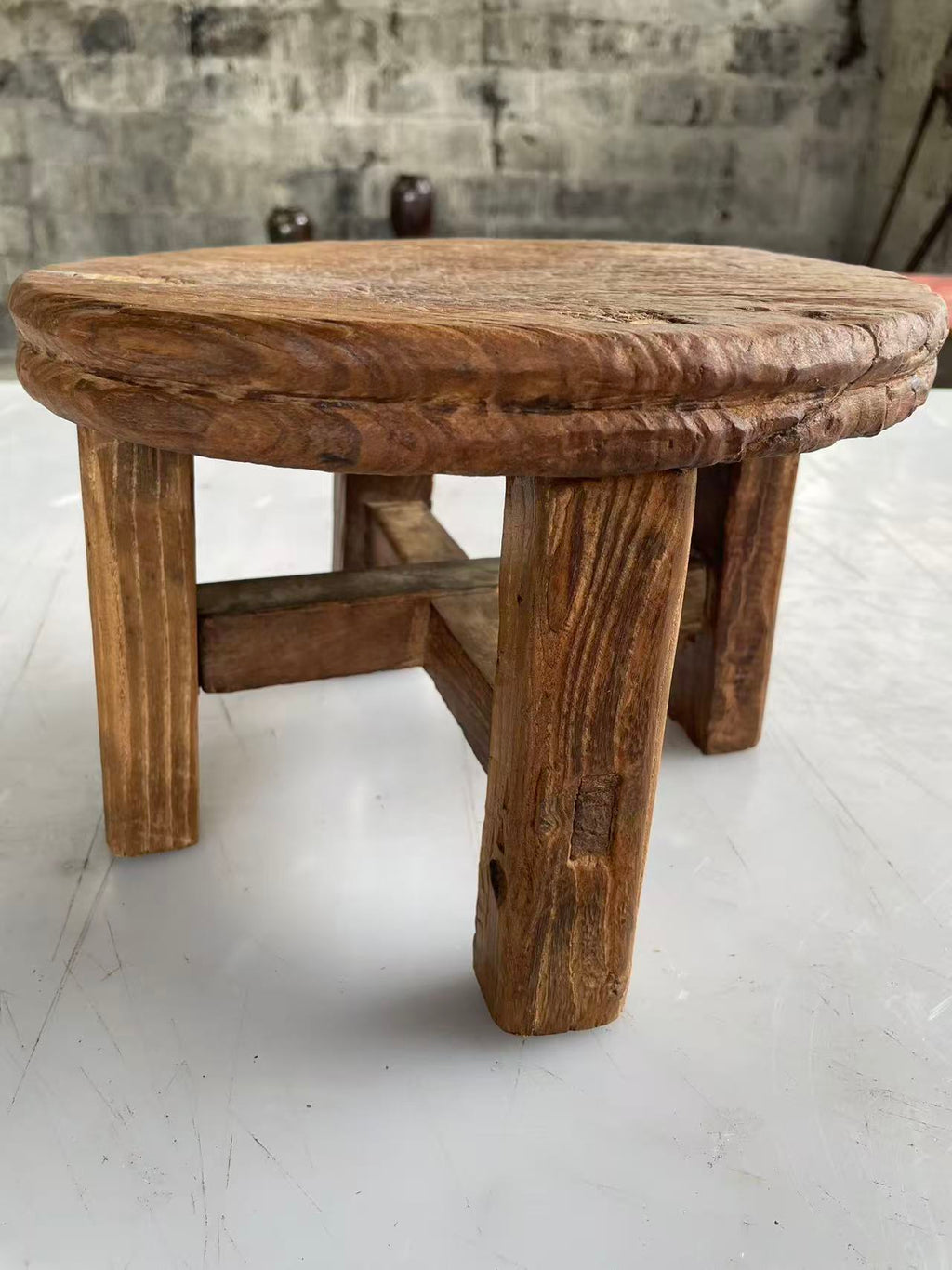 Antique Chinese Elm Low Stool | Wabi-Sabi Rustic Wooden Stool & Display Stand