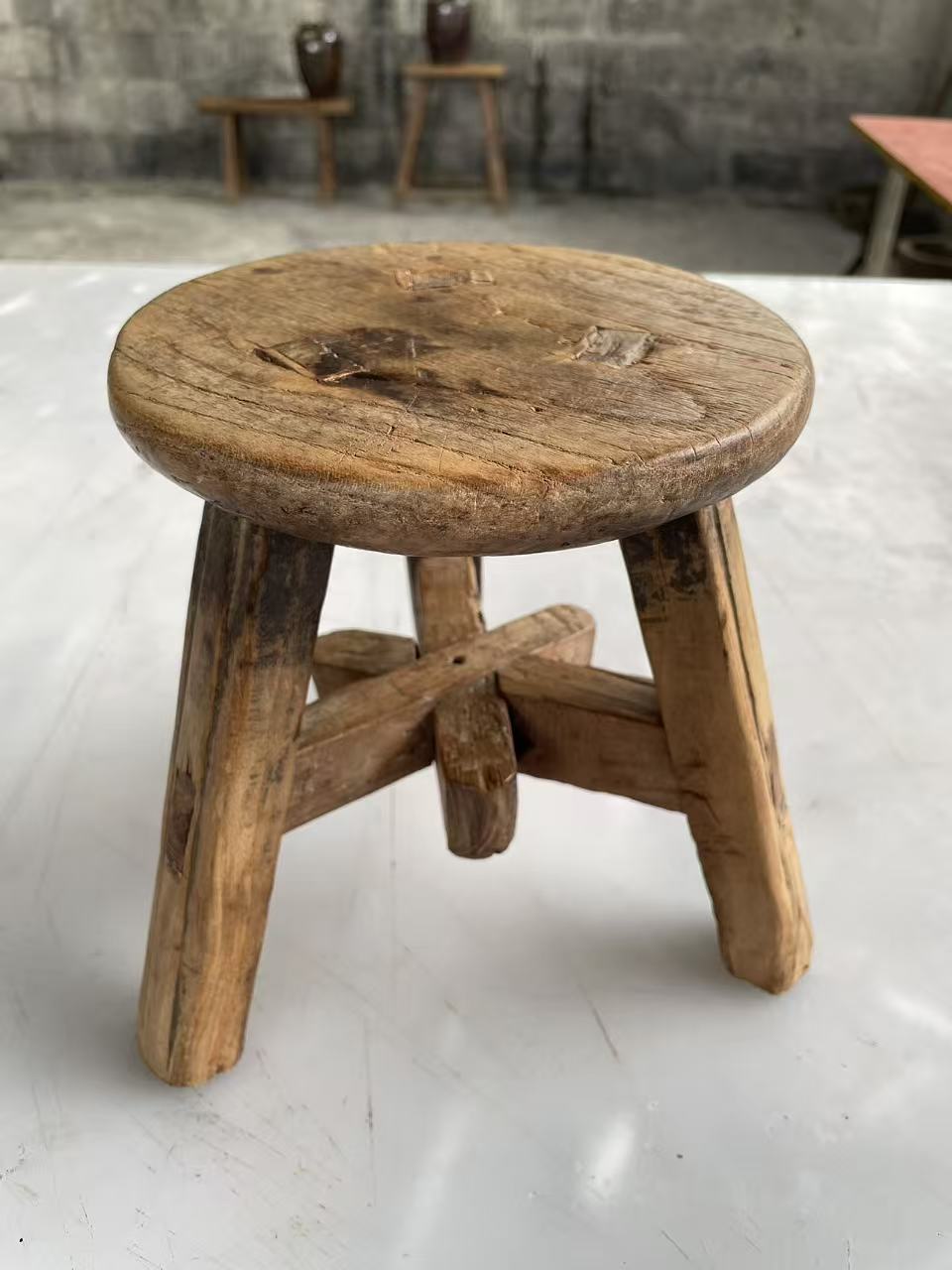 Antique Chinese Elm Low Stool | Wabi-Sabi Rustic Wooden Stool & Display Stand