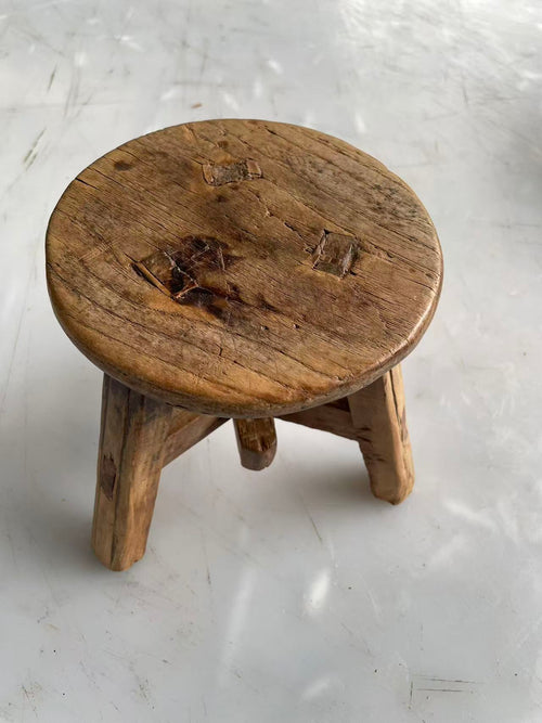Antique Chinese Elm Low Stool | Wabi-Sabi Rustic Wooden Stool & Display Stand