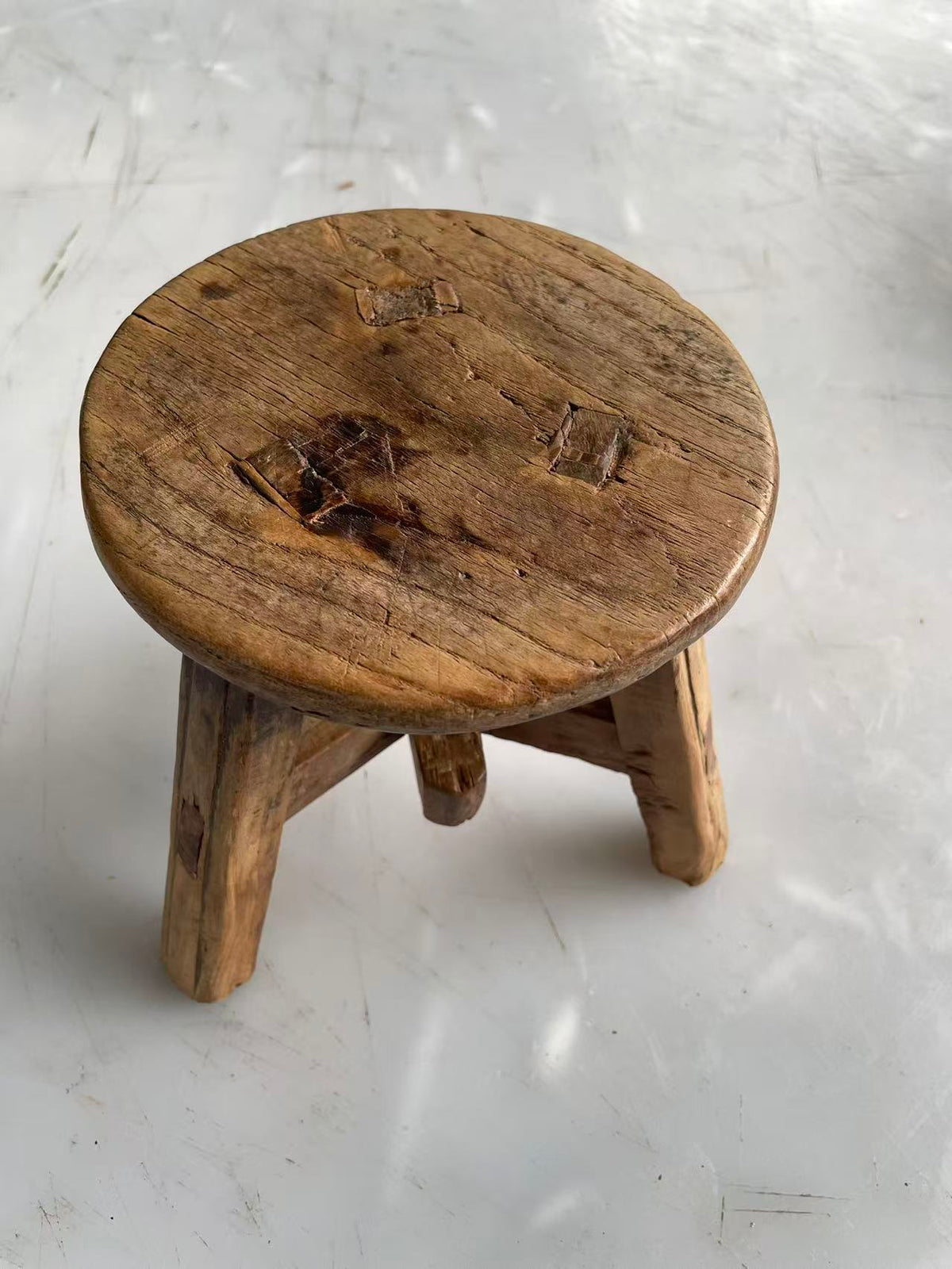 Antique Chinese Elm Low Stool | Wabi-Sabi Rustic Wooden Stool & Display Stand
