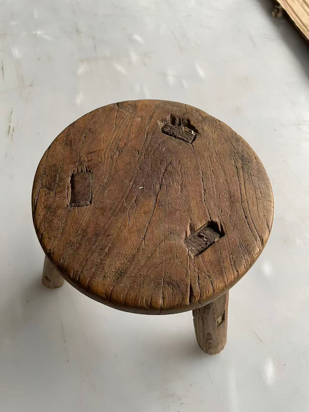 Antique Chinese Elm Low Stool | Wabi-Sabi Rustic Wooden Stool & Display Stand