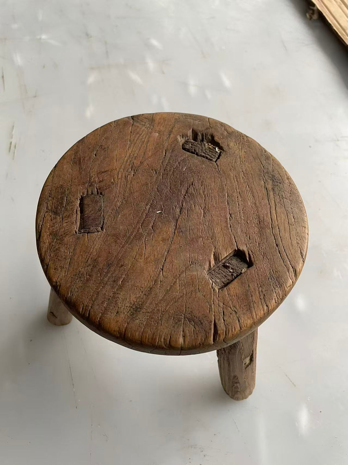 Antique Chinese Elm Low Stool | Wabi-Sabi Rustic Wooden Stool & Display Stand