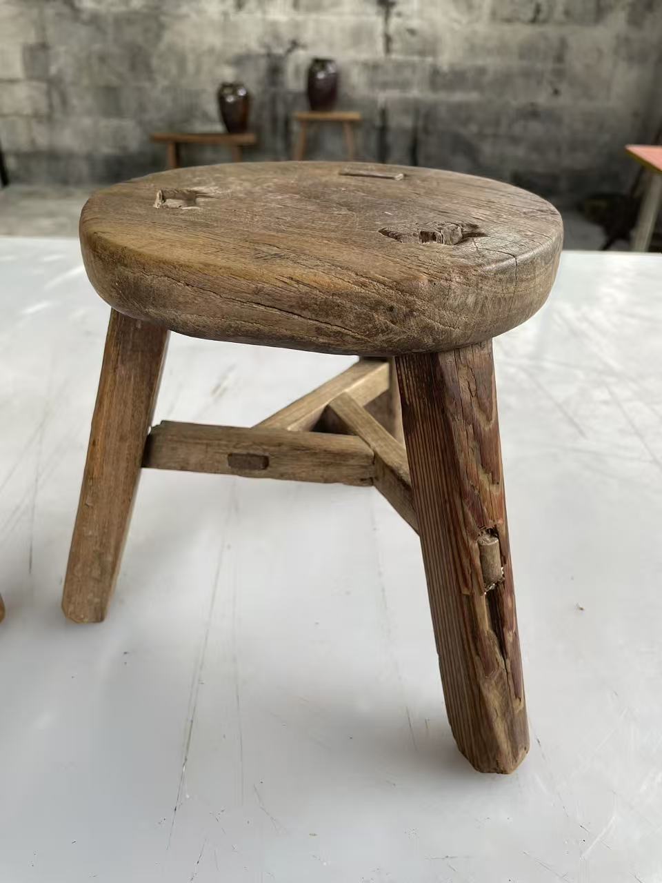 Antique Chinese Elm Low Stool | Wabi-Sabi Rustic Wooden Stool & Display Stand