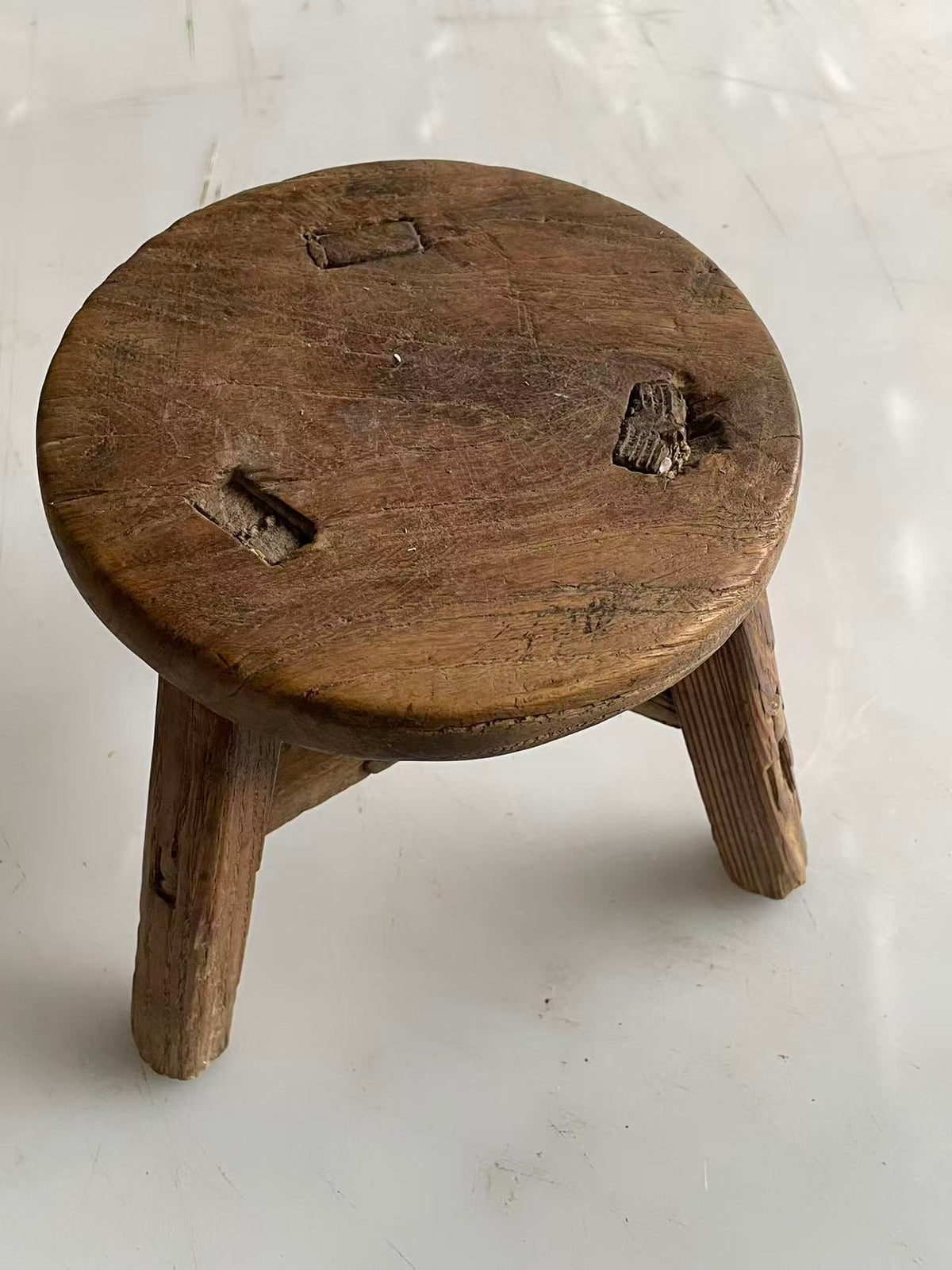 Antique Chinese Elm Low Stool | Wabi-Sabi Rustic Wooden Stool & Display Stand