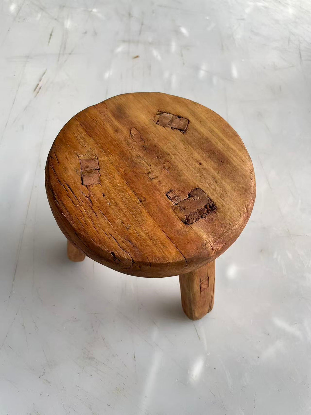 Antique Chinese Elm Low Stool | Wabi-Sabi Rustic Wooden Stool & Display Stand