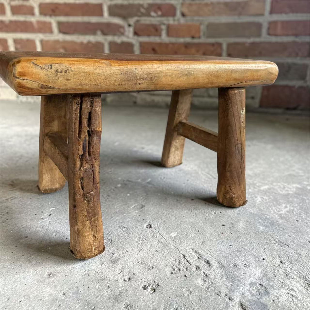 Vintage Chinese Elm Low Bench | Wabi-Sabi Rustic Wooden Stool
