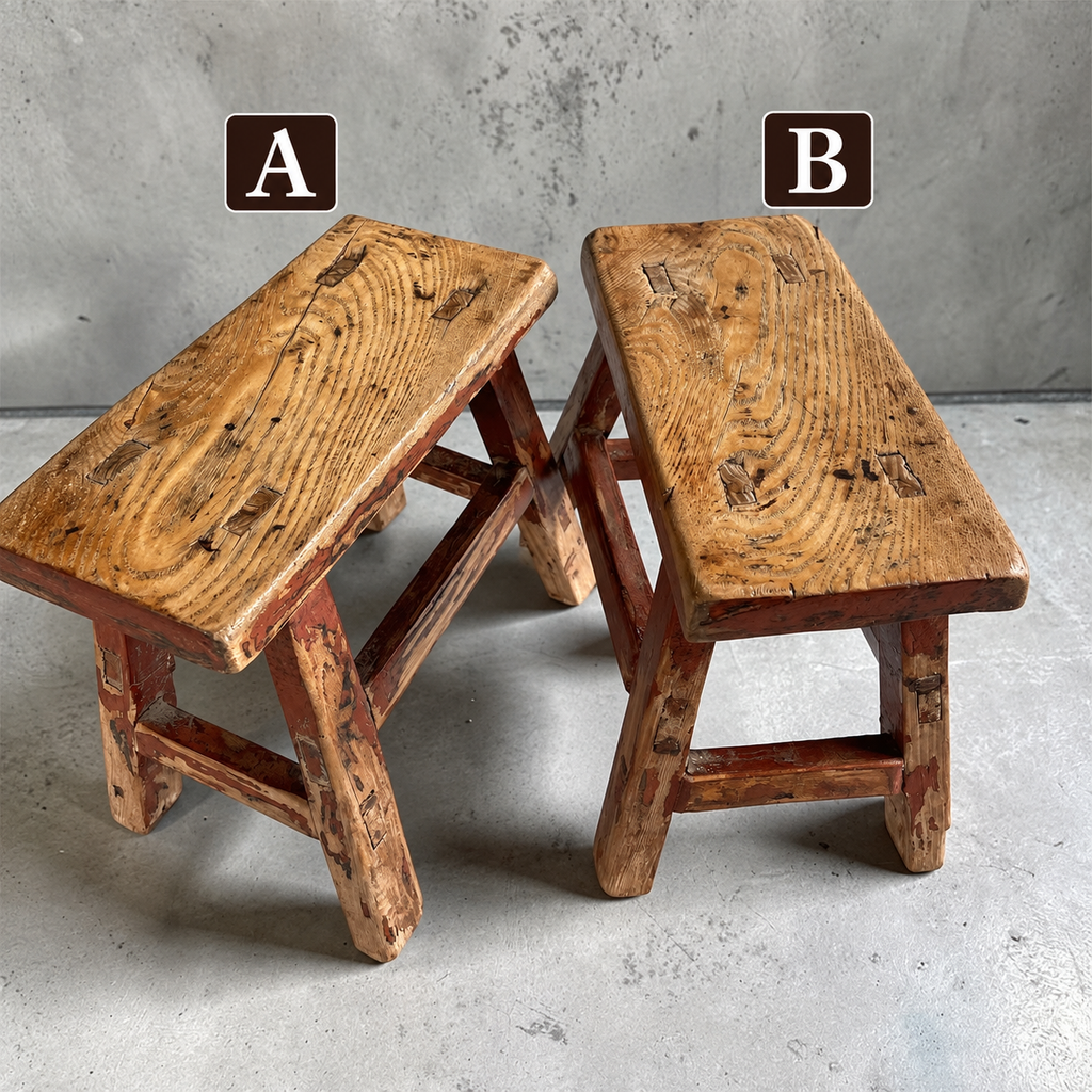 Vintage Chinese Elm Low Stools | Wabi-Sabi Rustic Wooden Stools
