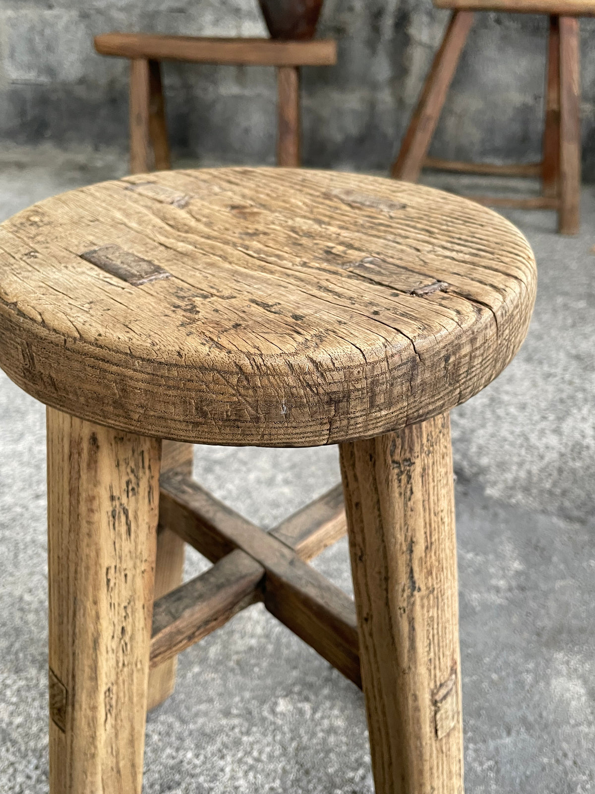 Vintage Chinese Round Wooden Stool - One-of-a-Kind Rural Find